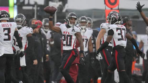 Dec 3, 2023; East Rutherford, New Jersey, USA; Atlanta Falcons cornerback Dee Alford (20) celebrates a fumble recovery against the New York Jets during the second quarter at MetLife Stadium.